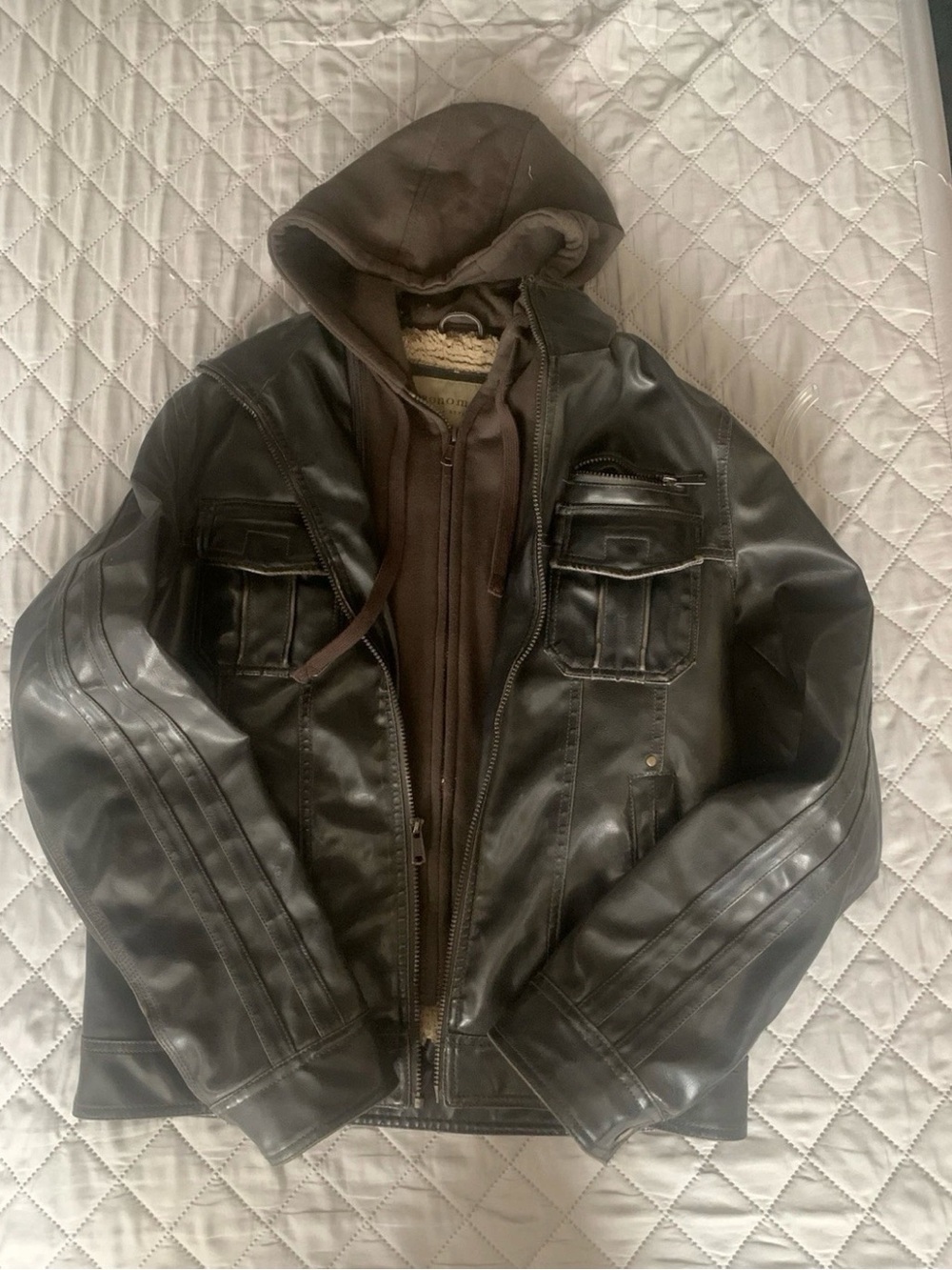 Sonoma Brown Faux Leather Bomber Jacket with Hooded Inner Layer